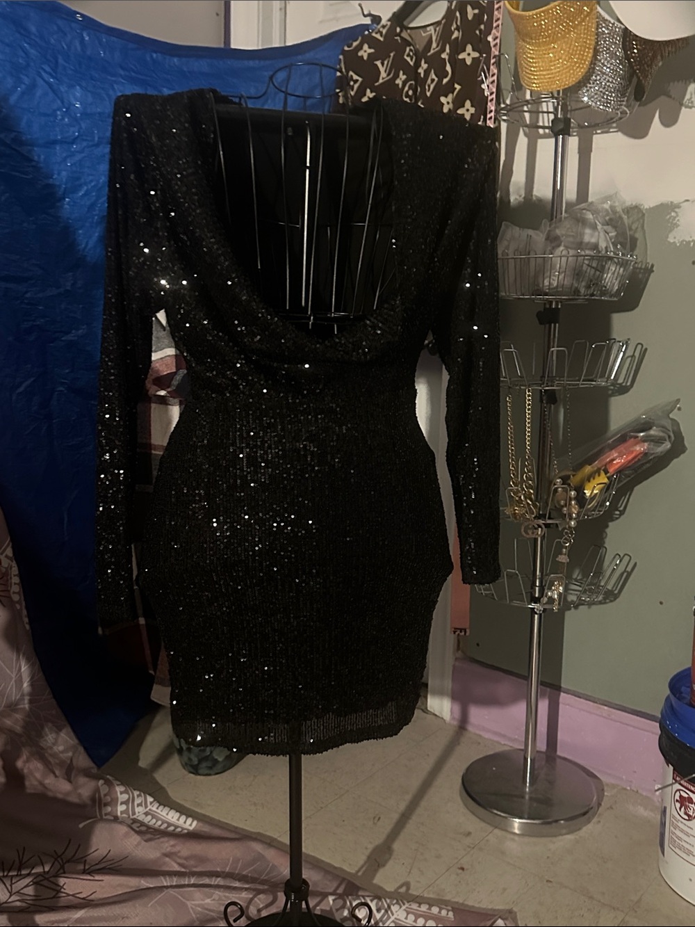Black Sequin Cowl Neck Bodycon Dress